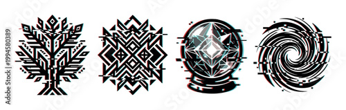 Abstract geometric glitch art designs with digital distortion effects, featuring a tree, pattern, crystal ball, and vortex.