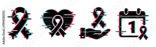 Glitch effect awareness ribbon icons set with heart, hand, and calendar symbols representing support and solidarity for various causes.