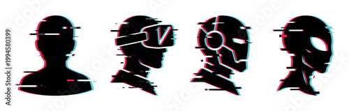 Glitch effect silhouettes of human, virtual reality, robot, and alien heads representing digital identity and future technology concepts.
