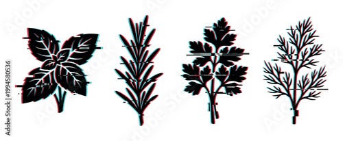 Herbs with a vibrant digital glitch effect, featuring basil, rosemary, parsley, and dill silhouettes.