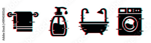 Towel, soap dispenser, bathtub, washing machine icons with a trendy digital glitch effect.