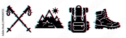 Hiking gear icons with digital glitch effect featuring trekking poles, mountains, backpack, and boot for outdoor adventure.