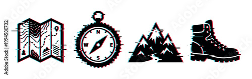 Glitch effect map, compass, mountains, and hiking boot icons representing outdoor adventure and exploration with a modern digital distortion.