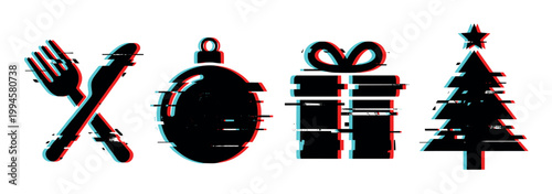Christmas and celebration icons with glitch effect featuring cutlery, ornament, gift box, and evergreen tree.