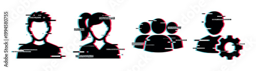 Glitch effect user icons representing digital identity, data corruption, and online profile management in a modern technological context.