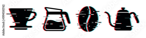 Coffee dripper, server, bean, and kettle icons with a modern digital glitch effect, representing brewing equipment and ingredients.