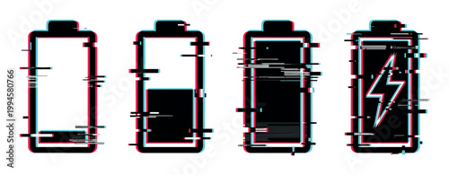 Battery charge level indicators with a modern digital glitch effect, showing various power states from empty to full and charging.
