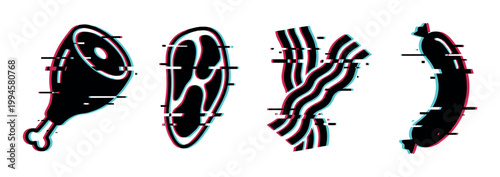 Glitch art style meat products including ham, steak, bacon, and sausage with digital distortion effects.