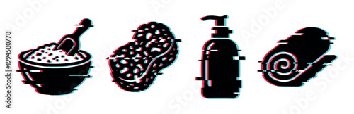 Glitch effect bath spa icons featuring a bowl of salts, sponge, pump bottle, and rolled towel for personal care and relaxation.