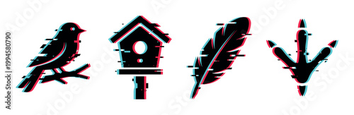 Bird, birdhouse, feather, footprint icons with digital glitch effect and anaglyph style distortion for modern design.