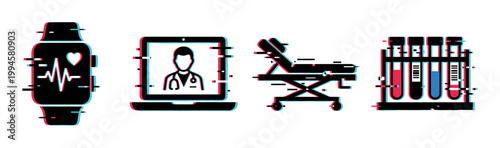 Healthcare technology icons with glitch effect representing modern medical services, diagnostics, and patient care.