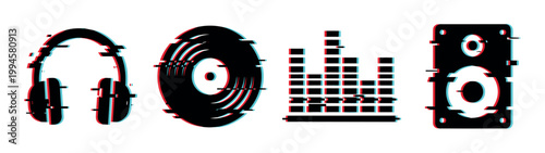 Headphones, vinyl record, equalizer, and speaker icons with a modern glitch effect and RGB color shift for music concepts