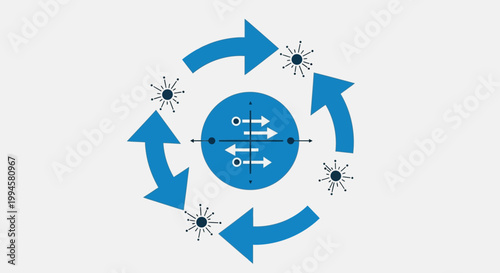 Abstract cyclical process diagram with arrows, stars, and directional lines on white background