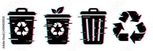 Recycle bins and symbol with modern glitch effect representing environmental sustainability, waste management, and digital disruption.