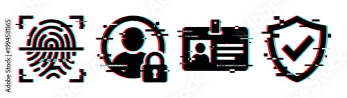 Digital security icons with a modern glitch effect representing biometric authentication, user account protection, identification, and data privacy.