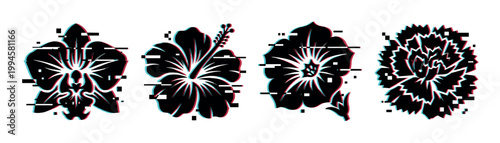Floral glitch art vector illustration featuring various stylized blossoms with digital distortion and vibrant color shifts, creating a modern aesthetic.