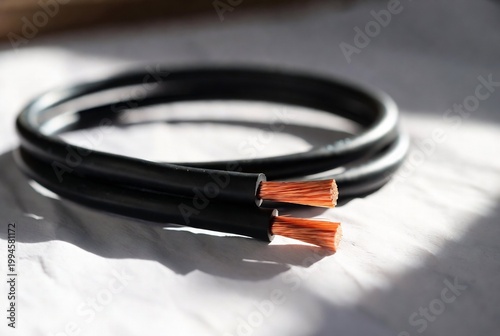 A black electrical cable with orange wire ends rests on a white surface, illuminated by sunlight.
