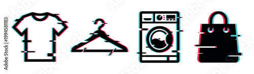Glitch effect t-shirt, hanger, washing machine, and shopping bag icons representing modern laundry and retail concepts.