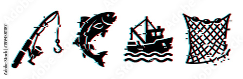 Fishing equipment and marine life icons with a modern digital glitch effect on a clean surface.