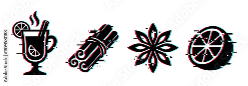 Mulled wine, cinnamon, star anise, and orange slice icons with a modern digital glitch effect, perfect for holiday and winter designs.