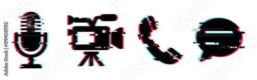 Glitch effect microphone, video camera, telephone, speech bubble icons with digital distortion and retro color shift for media communication.