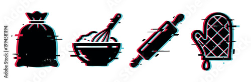 Essential baking and cooking tools represented as modern glitch icons, perfect for culinary and food preparation designs.