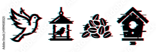 Glitch effect icons featuring a flying bird, a bird feeder with a bird, a pile of coffee beans, and a birdhouse.