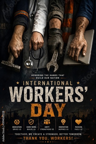 International workers' day poster with hands holding tools labor day hard hat