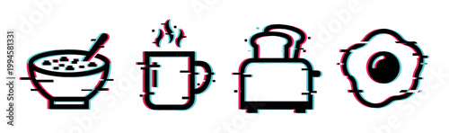 Breakfast icons with modern glitch effect showing cereal, coffee, toast, and fried egg for morning meal concepts and digital design.