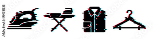 Iron, ironing board, shirt, and hanger digital glitch effect icons representing various laundry and clothing care items.
