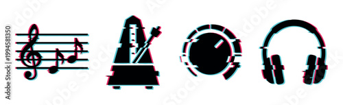 Musical icons with glitch effect including notes, metronome, volume dial, and headphones for digital audio concepts.