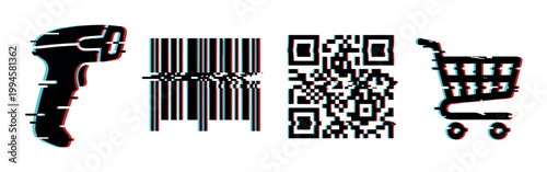 Barcode scanner, barcode, QR code, and shopping cart icons with a modern digital glitch effect representing retail technology and data processing.