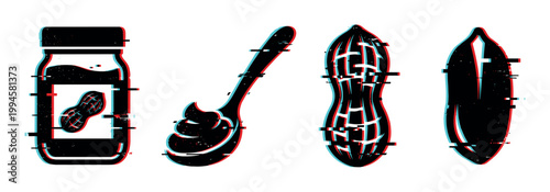 Peanut butter jar, spoon, and peanuts with a modern glitch effect, representing a delicious and popular food item.