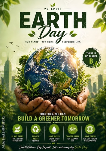 Earth day poster with hands holding the planet, promoting environmental