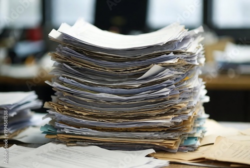 A large stack of paperwork dominates a desk. It appears someone is overwhelmed with work and documents. The setting is an office or workspace.