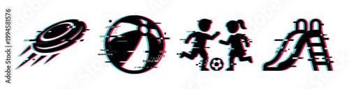 Flying disc, beach ball, children playing soccer, and playground slide icons with a modern glitch effect, representing fun outdoor activities and childhood play.