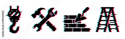 Construction tools and building equipment icons with a modern digital glitch effect, representing industry and repair.