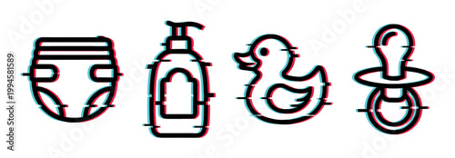 Baby care items set with diaper, shampoo bottle, rubber duck, and pacifier icons featuring a modern glitch effect.