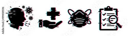 Health illness prevention medical response icons featuring a modern digital glitch effect for pandemic awareness and safety measures.