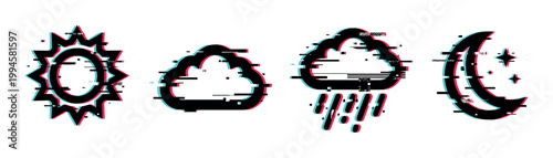Weather icons with glitch effect, featuring sun, cloud, rain, and moon with stars, representing digital forecast symbols for modern design.