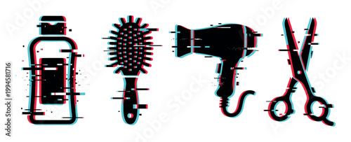Hair care tools with glitch effect, including shampoo bottle, brush, hairdryer, and scissors, for modern beauty concepts.