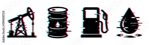 Oil and gas industry icons with a modern digital glitch effect, symbolizing petroleum production, fuel, and energy.