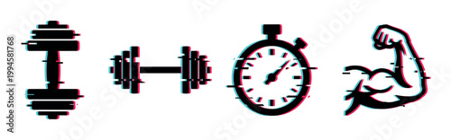 Fitness and gym icons with glitch effect including dumbbell, barbell, stopwatch, and flexing arm for workout concepts.