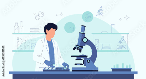 Scientist working in laboratory with microscope, conducting research and experiments