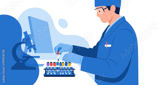 Scientist working in laboratory with microscope, test tubes, and computer