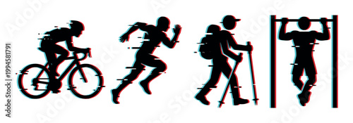 Athletic people silhouettes with digital glitch effect depicting different fitness and outdoor activities like cycling, running, hiking, and pull-ups.
