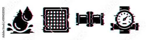 Water drops, calendar, pipe, and water meter icons featuring a trendy digital glitch effect, perfect for modern design.