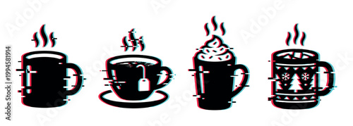 Hot beverages glitch art vector illustration set featuring various steaming mugs and cups with digital distortion effects for modern design.