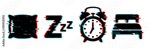 Sleep icons with glitch effect including pillow, Zzz, alarm clock, and bed for rest and morning wake-up.