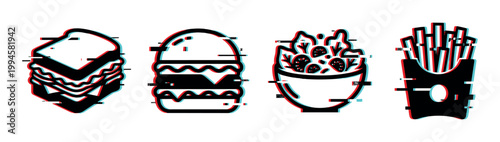 Glitch effect fast food icons set featuring a sandwich, hamburger, fresh salad, and french fries in a modern digital style.